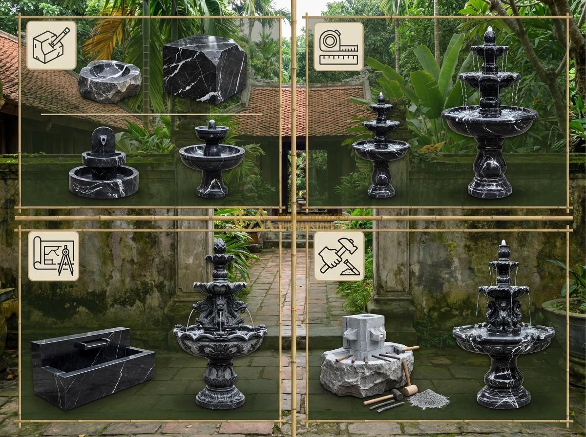 Thiết Kế & Thi Công Đài Phun Nước Bằng Đá Sân Vườn Chuẩn Phong Thủy | Quy Trình Chuyên Nghiệp - Hình 11 Thiết Kế & Thi Công Đài Phun Nước Bằng Đá Sân Vườn Chuẩn Phong Thủy | Quy Trình Chuyên Nghiệp - Infographic-style image illustrating factors affecting stone fountain prices, wi