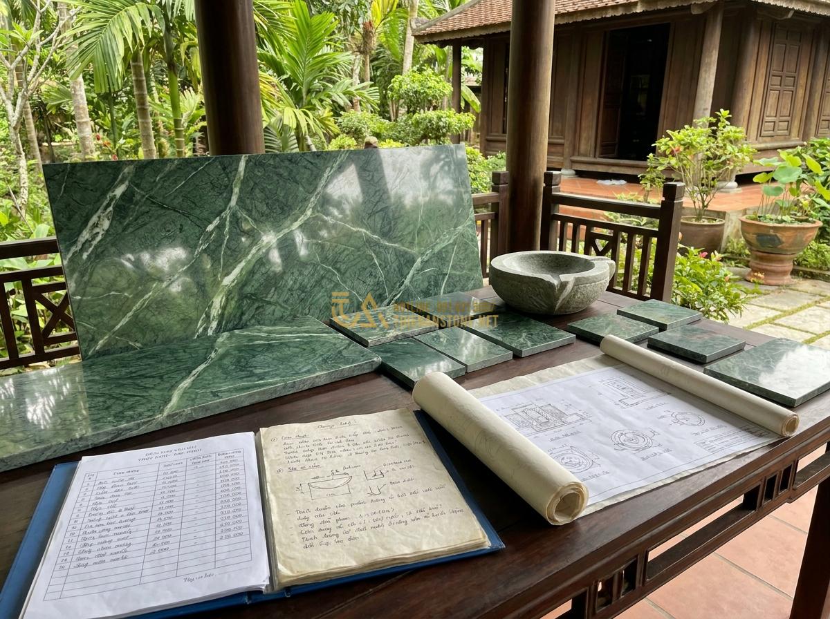 Thiết Kế & Thi Công Đài Phun Nước Bằng Đá Sân Vườn Chuẩn Phong Thủy | Quy Trình Chuyên Nghiệp - Hình 12 Thiết Kế & Thi Công Đài Phun Nước Bằng Đá Sân Vườn Chuẩn Phong Thủy | Quy Trình Chuyên Nghiệp - Professional consultation meeting between client and stone expert reviewing ston