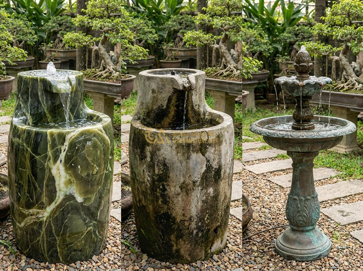 Thiết Kế & Thi Công Đài Phun Nước Bằng Đá Sân Vườn Chuẩn Phong Thủy | Quy Trình Chuyên Nghiệp - Hình 13 Thiết Kế & Thi Công Đài Phun Nước Bằng Đá Sân Vườn Chuẩn Phong Thủy | Quy Trình Chuyên Nghiệp - Side-by-side comparison photo showing a stone water fountain next to a concrete