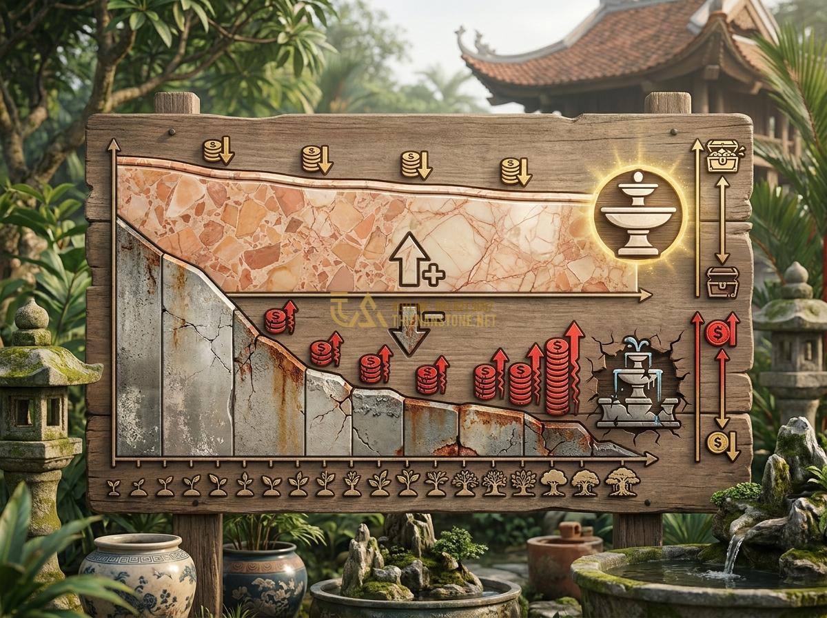 Thiết Kế & Thi Công Đài Phun Nước Bằng Đá Sân Vườn Chuẩn Phong Thủy | Quy Trình Chuyên Nghiệp - Hình 14 Thiết Kế & Thi Công Đài Phun Nước Bằng Đá Sân Vườn Chuẩn Phong Thủy | Quy Trình Chuyên Nghiệp - Long-term durability chart graphic comparing lifespan and maintenance costs of s