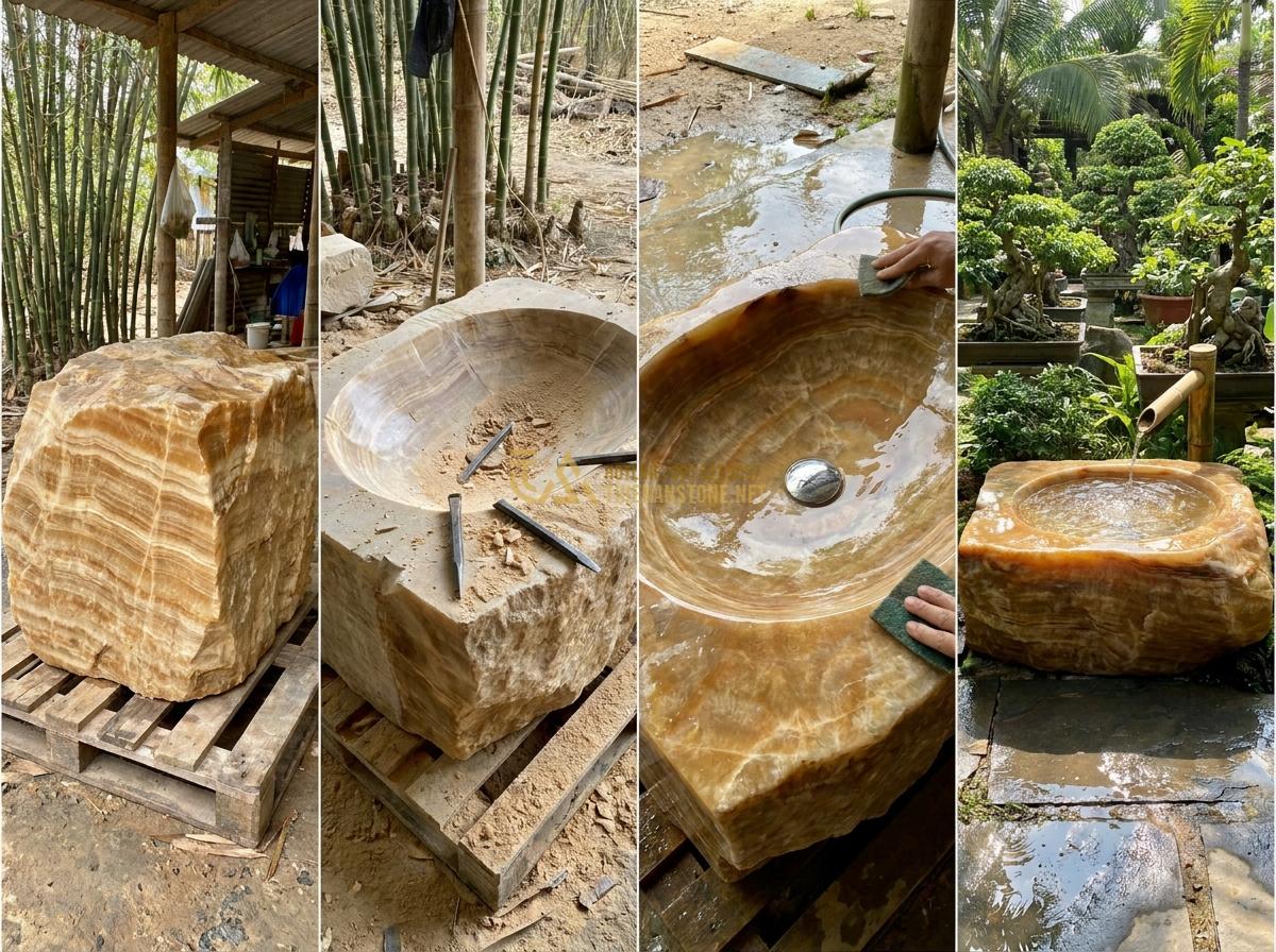 Thiết Kế & Thi Công Đài Phun Nước Bằng Đá Sân Vườn Chuẩn Phong Thủy | Quy Trình Chuyên Nghiệp - Hình 15 Thiết Kế & Thi Công Đài Phun Nước Bằng Đá Sân Vườn Chuẩn Phong Thủy | Quy Trình Chuyên Nghiệp - Step-by-step sequential images of stone fountain construction process from raw s