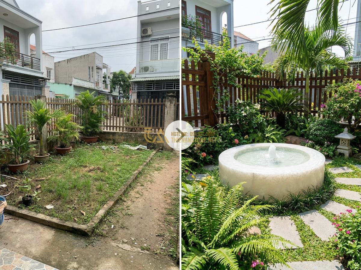 Thiết Kế & Thi Công Đài Phun Nước Bằng Đá Sân Vườn Chuẩn Phong Thủy | Quy Trình Chuyên Nghiệp - Hình 17 Thiết Kế & Thi Công Đài Phun Nước Bằng Đá Sân Vườn Chuẩn Phong Thủy | Quy Trình Chuyên Nghiệp - Before and after transformation of a plain garden into a beautiful oasis with a