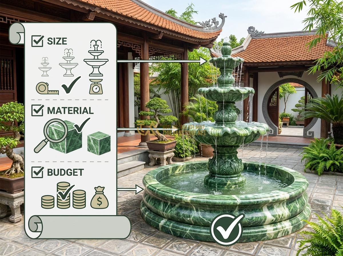 Thiết Kế & Thi Công Đài Phun Nước Bằng Đá Sân Vườn Chuẩn Phong Thủy | Quy Trình Chuyên Nghiệp - Hình 19 Thiết Kế & Thi Công Đài Phun Nước Bằng Đá Sân Vườn Chuẩn Phong Thủy | Quy Trình Chuyên Nghiệp - Customer guide infographic with checklist for choosing the perfect stone water f