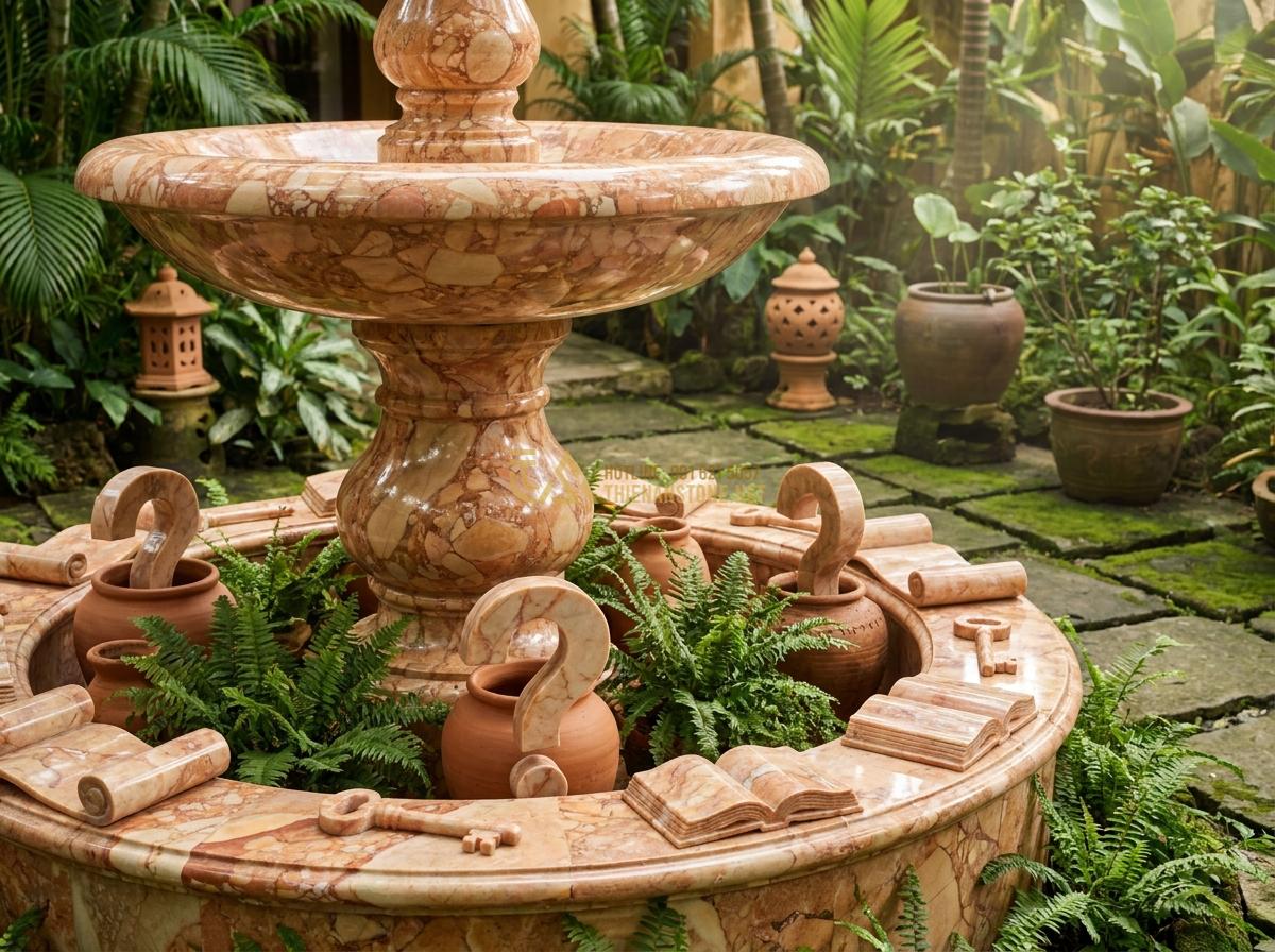 Thiết Kế & Thi Công Đài Phun Nước Bằng Đá Sân Vườn Chuẩn Phong Thủy | Quy Trình Chuyên Nghiệp - Hình 21 Thiết Kế & Thi Công Đài Phun Nước Bằng Đá Sân Vườn Chuẩn Phong Thủy | Quy Trình Chuyên Nghiệp - FAQ section visual with common questions and answers illustrated around a stone