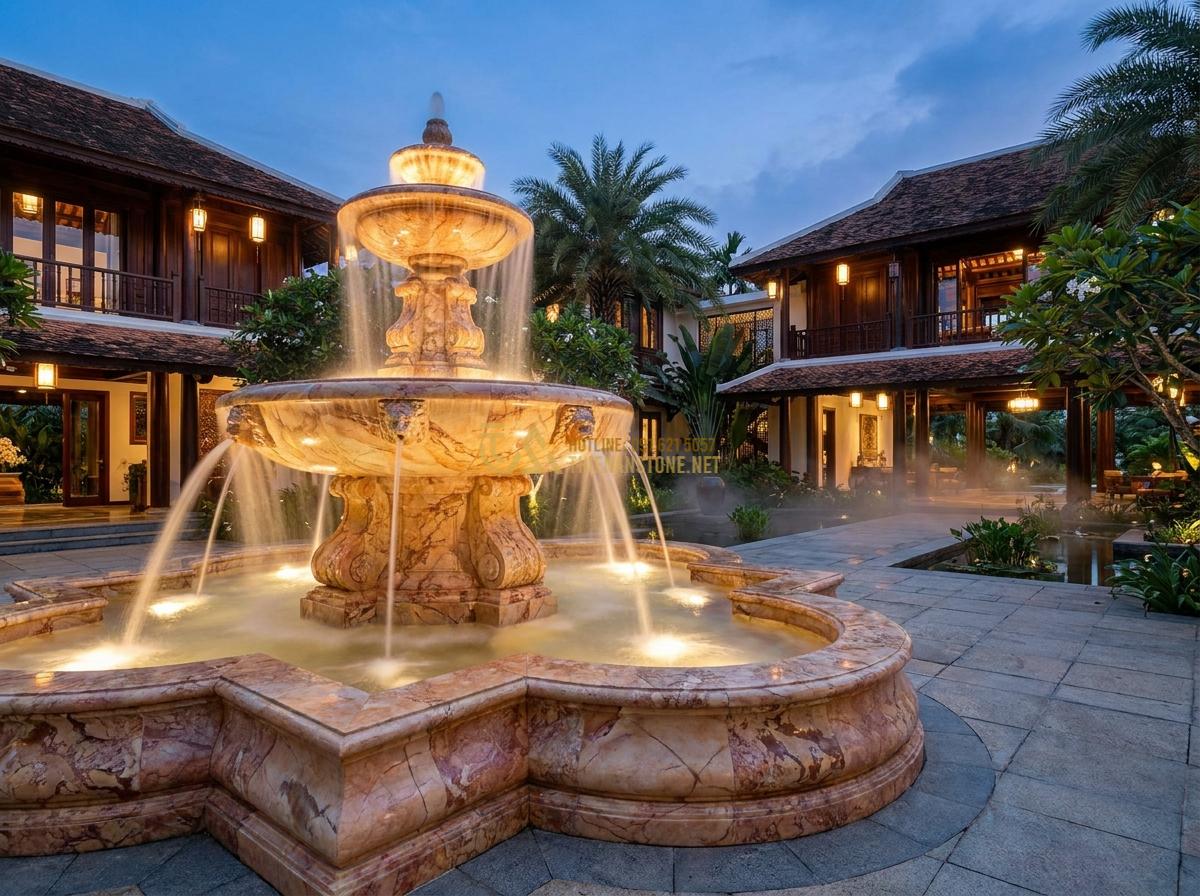 Thiết Kế & Thi Công Đài Phun Nước Bằng Đá Sân Vườn Chuẩn Phong Thủy | Quy Trình Chuyên Nghiệp - Hình 7 Thiết Kế & Thi Công Đài Phun Nước Bằng Đá Sân Vườn Chuẩn Phong Thủy | Quy Trình Chuyên Nghiệp - Epic landscape view of a large monolithic stone water fountain as centerpiece in