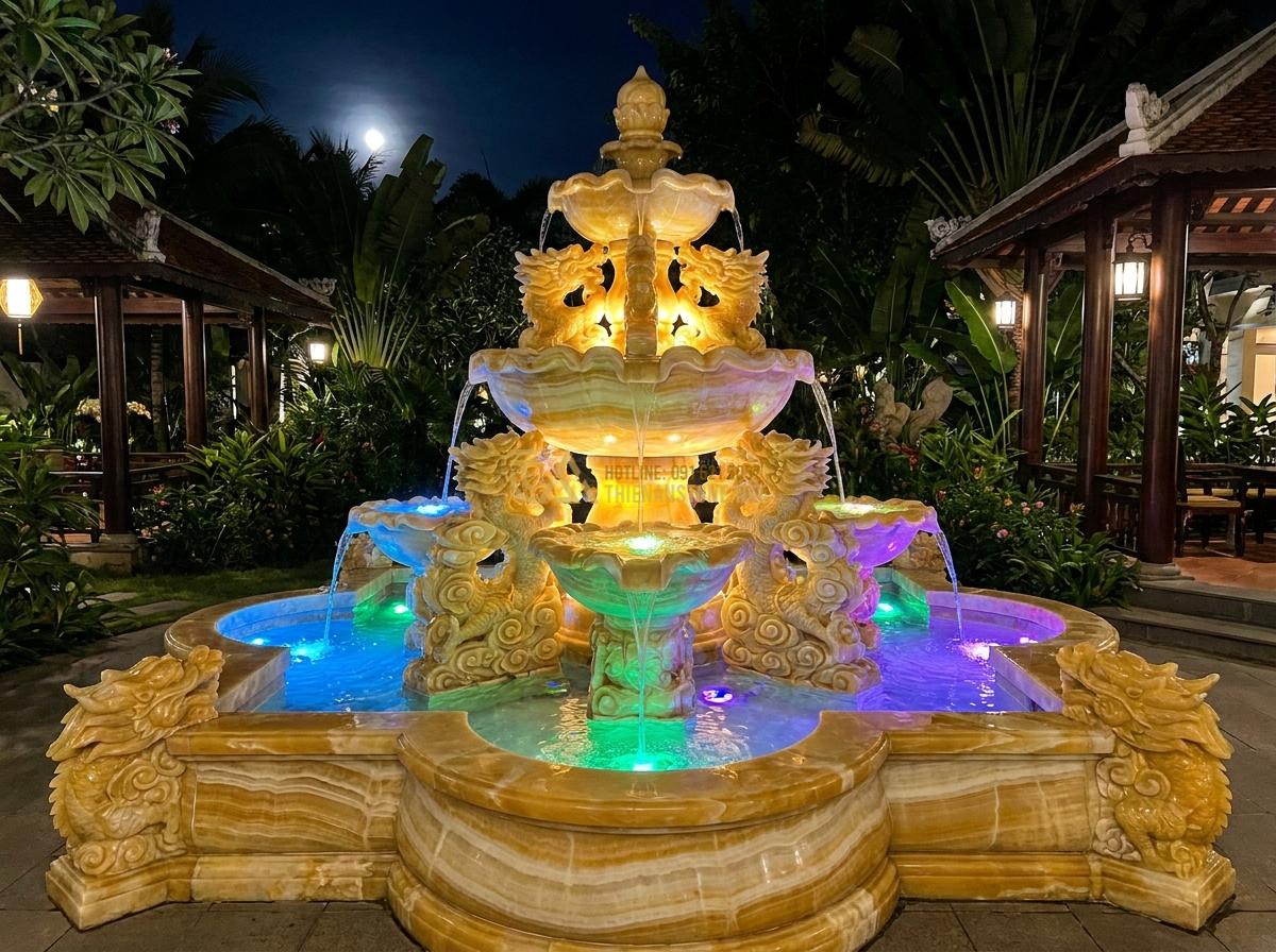 Thiết Kế & Thi Công Đài Phun Nước Bằng Đá Sân Vườn Chuẩn Phong Thủy | Quy Trình Chuyên Nghiệp - Hình 9 Thiết Kế & Thi Công Đài Phun Nước Bằng Đá Sân Vườn Chuẩn Phong Thủy | Quy Trình Chuyên Nghiệp - Luxurious artistic stone fountain with intricate hand-carved dragon motifs and m
