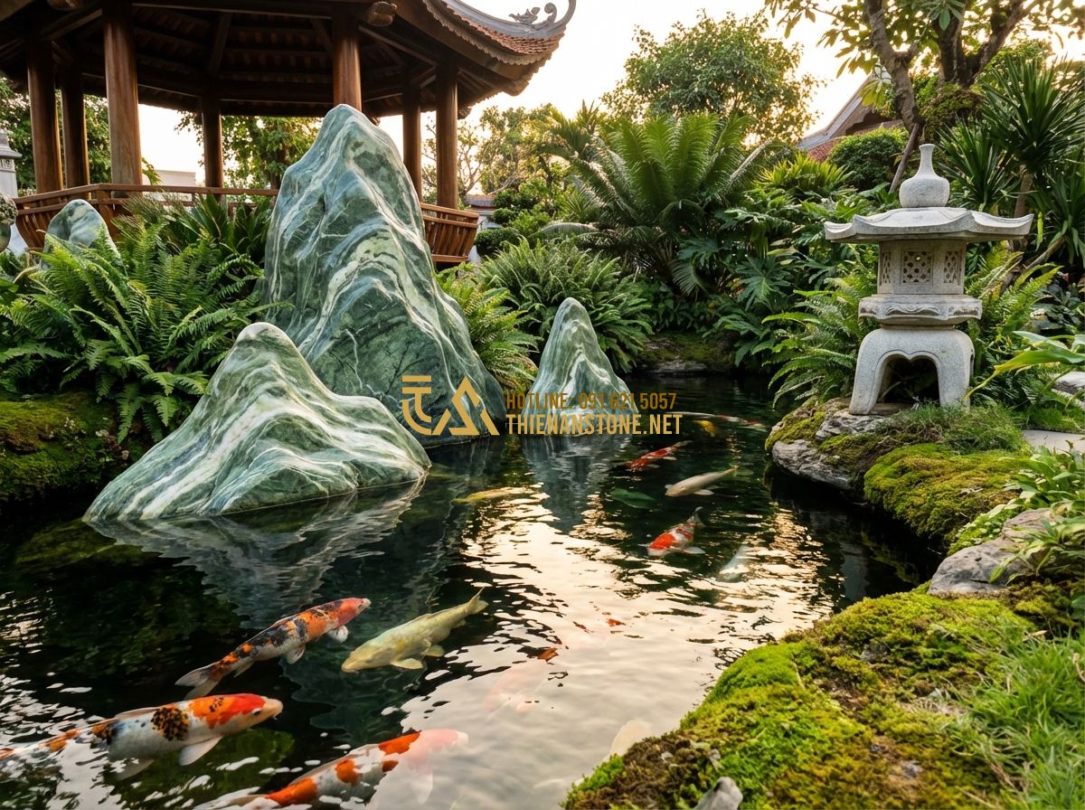Thiết Kế Thi Công Hồ Cá Koi Đẹp Theo Phong Thủy - Bí Quyết Mang Lại Tài Lộc - Hình 1 Thiết Kế Thi Công Hồ Cá Koi Đẹp Theo Phong Thủy - Bí Quyết Mang Lại Tài Lộc - Tạo ảnh tiếng Anh: A luxurious outdoor Japanese Koi pond landscape with crystal