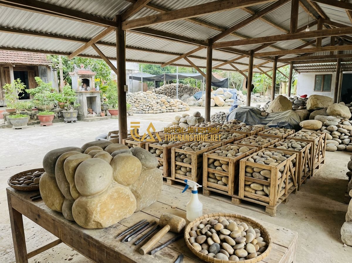 Thiết Kế Thi Công Hồ Cá Koi Đẹp Theo Phong Thủy - Bí Quyết Mang Lại Tài Lộc - Hình 8 Thiết Kế Thi Công Hồ Cá Koi Đẹp Theo Phong Thủy - Bí Quyết Mang Lại Tài Lộc - Tạo ảnh tiếng Anh: The logo and storefront of "Xưởng Đá Mỹ Nghệ Thiên An" with a