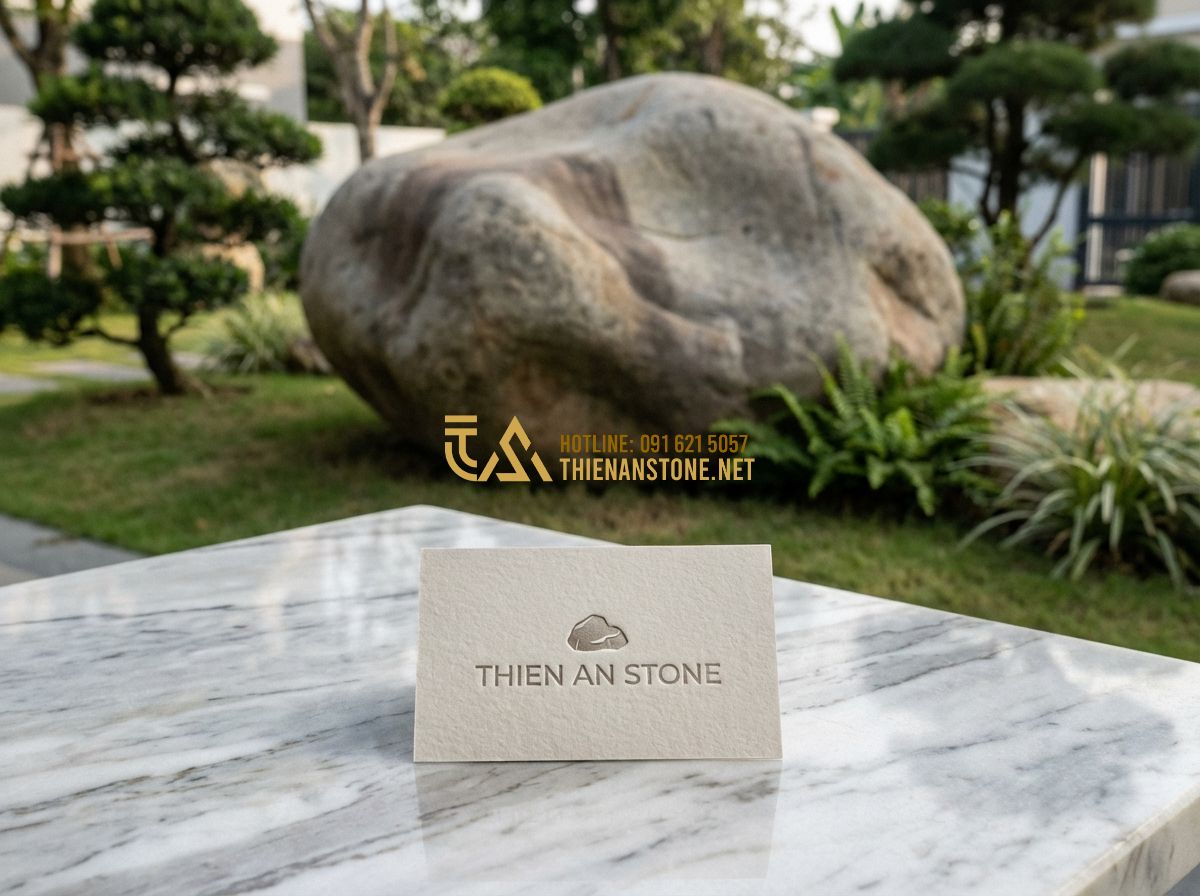 Thiết Kế & Thi Công Tiểu Cảnh Sân Vườn - Báo Giá & Kinh Nghiệm Thực Tế - Hình 14 Thiết Kế & Thi Công Tiểu Cảnh Sân Vườn - Báo Giá & Kinh Nghiệm Thực Tế - Tạo ảnh tiếng Anh: A high-quality close-up of a business card for "Thien An Ston