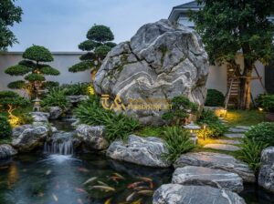 Thiết Kế Tiểu Cảnh Sân Vườn Đẹp - Hòn Non Bộ, Hồ Cá, Thác Nước Mini - Tạo ảnh tiếng Anh: A high-end, artistic garden landscape design featuring a maje