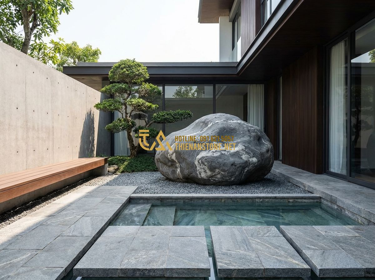 Thiết Kế Tiểu Cảnh Sân Vườn Đẹp - Hòn Non Bộ, Hồ Cá, Thác Nước Mini - Hình 4 Thiết Kế Tiểu Cảnh Sân Vườn Đẹp - Hòn Non Bộ, Hồ Cá, Thác Nước Mini - Tạo ảnh tiếng Anh: A modern minimalist courtyard garden with geometric stone pav