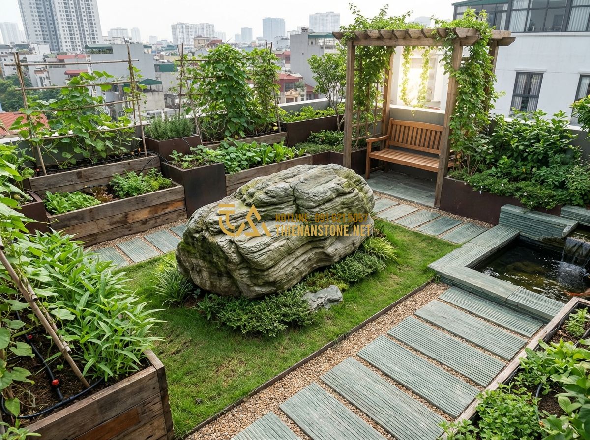 Thiết Kế Vườn Rau Trên Sân Thượng Và Sân Vườn Trồng Rau Gia Đình - Tạo ảnh tiếng Anh: A professional architectural 3D rendering of a modern rooftop