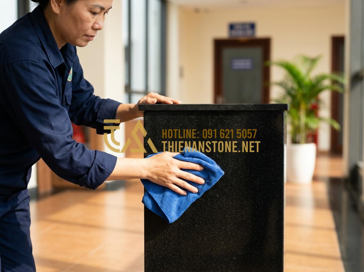 Thùng rác gạt tàn đá hoa cương: Giải pháp sang trọng cho sảnh khách sạn, tòa nhà - Hình 8 Thùng rác gạt tàn đá hoa cương: Giải pháp sang trọng cho sảnh khách sạn, tòa nhà - Tạo ảnh tiếng Anh: A professional janitor using a soft microfiber cloth to wipe