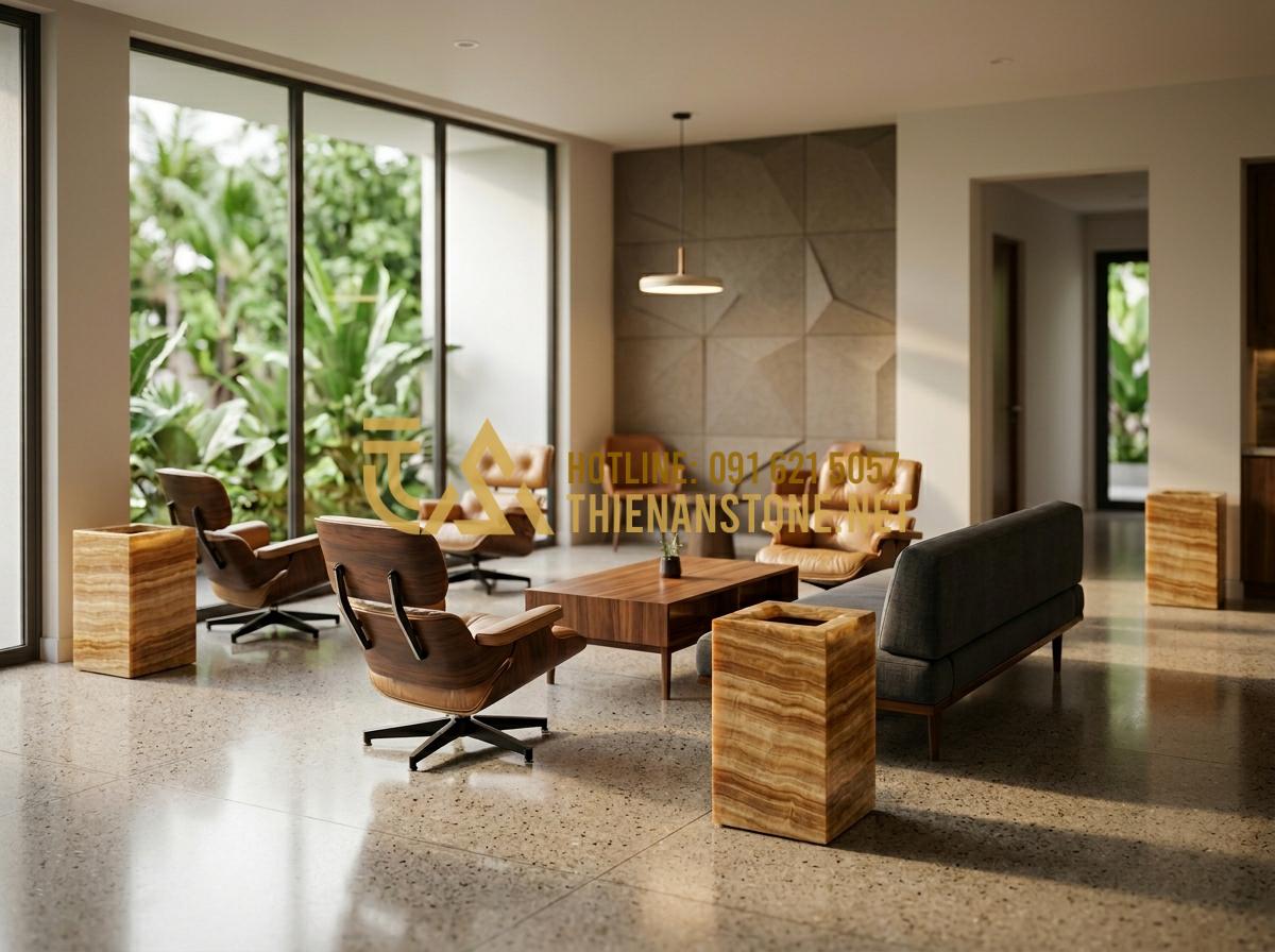 Thùng rác gạt tàn đá hoa cương: Giải pháp sang trọng cho sảnh khách sạn, tòa nhà - Hình 9 Thùng rác gạt tàn đá hoa cương: Giải pháp sang trọng cho sảnh khách sạn, tòa nhà - Tạo ảnh tiếng Anh: A wide-angle interior design shot showing the strategic place