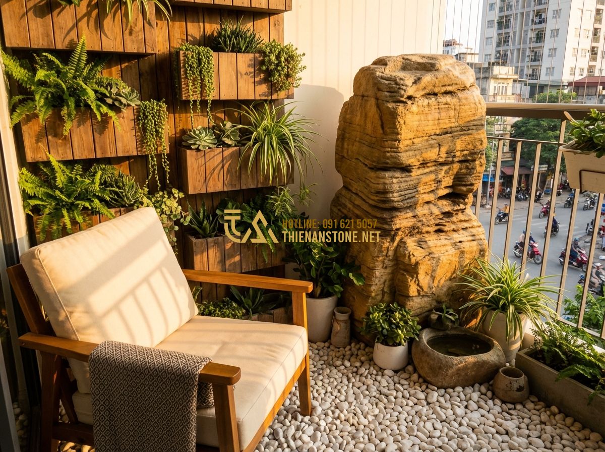 Tiểu Cảnh Ban Công, Gầm Cầu Thang, Giếng Trời, Sân Thượng Đẹp Nhất - Hình 1 Tiểu Cảnh Ban Công, Gầm Cầu Thang, Giếng Trời, Sân Thượng Đẹp Nhất - Tạo ảnh tiếng Anh: A cozy apartment balcony garden with vertical wooden planters