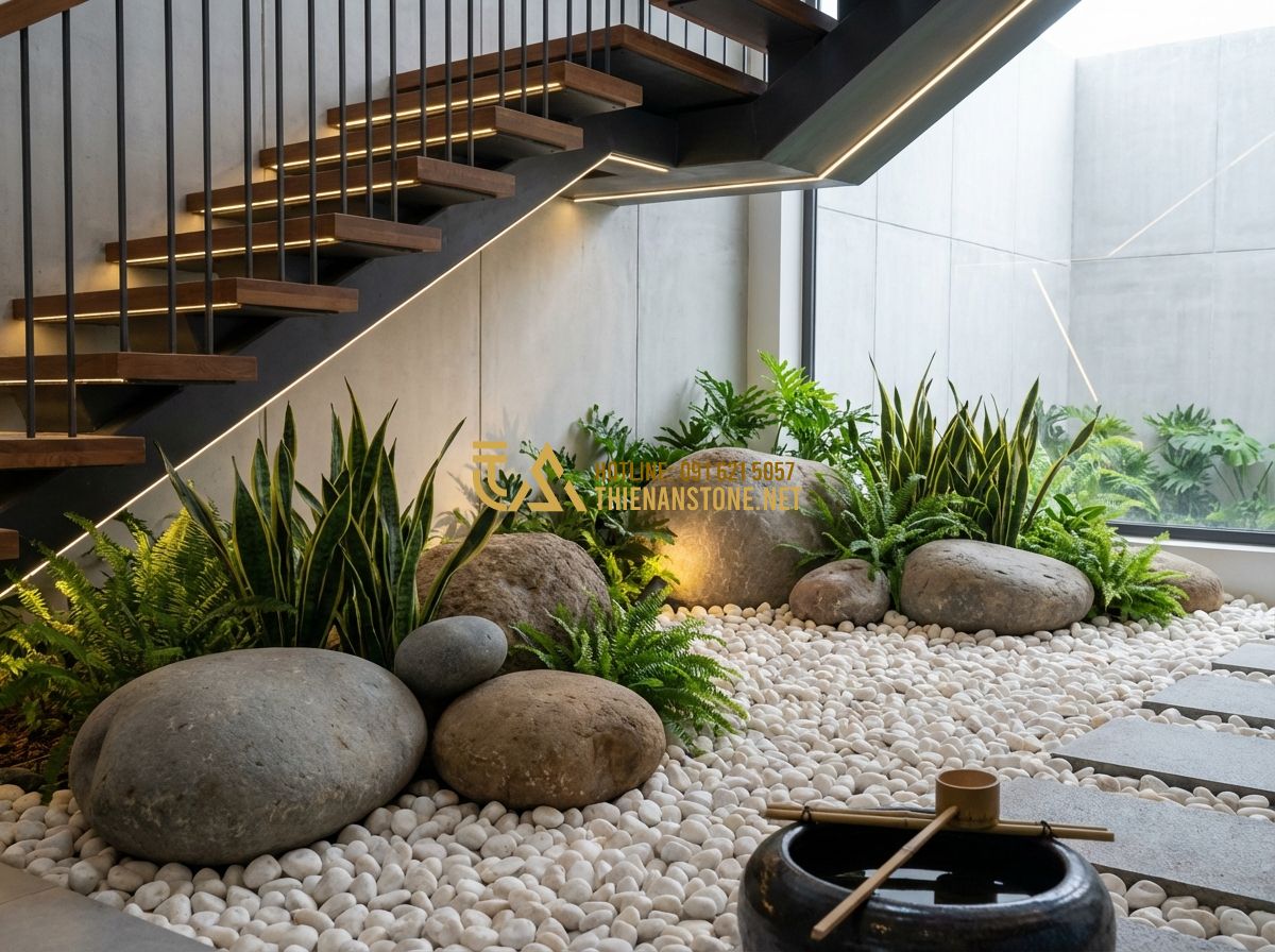 Tiểu Cảnh Ban Công, Gầm Cầu Thang, Giếng Trời, Sân Thượng Đẹp Nhất - Hình 2 Tiểu Cảnh Ban Công, Gầm Cầu Thang, Giếng Trời, Sân Thượng Đẹp Nhất - Tạo ảnh tiếng Anh: A modern indoor garden under a staircase featuring a zen-styl