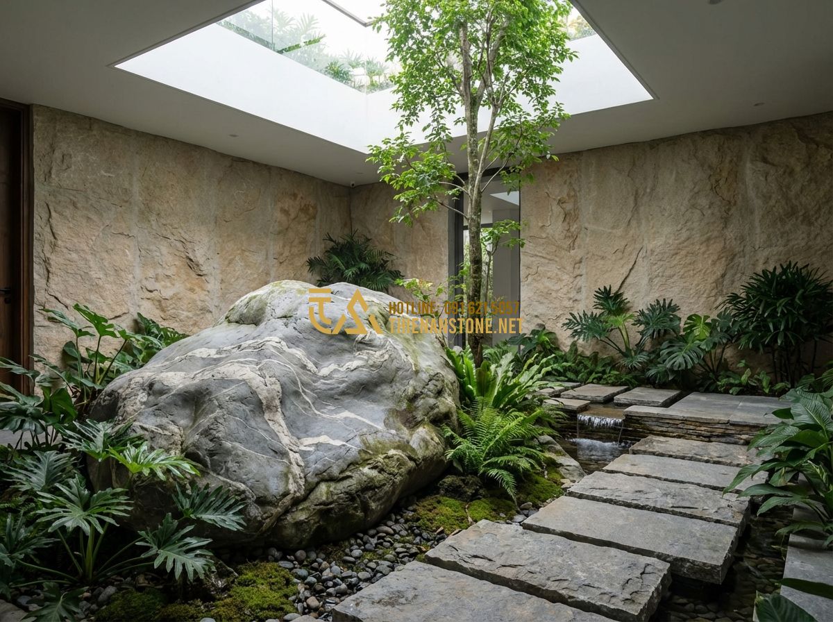 Tiểu Cảnh Ban Công, Gầm Cầu Thang, Giếng Trời, Sân Thượng Đẹp Nhất - Hình 3 Tiểu Cảnh Ban Công, Gầm Cầu Thang, Giếng Trời, Sân Thượng Đẹp Nhất - Tạo ảnh tiếng Anh: A stunning indoor courtyard under a skylight featuring a tall