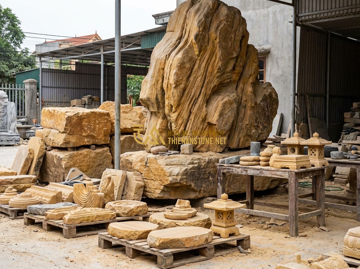 Tiểu Cảnh Ban Công, Gầm Cầu Thang, Giếng Trời, Sân Thượng Đẹp Nhất - Hình 7 Tiểu Cảnh Ban Công, Gầm Cầu Thang, Giếng Trời, Sân Thượng Đẹp Nhất - Tạo ảnh tiếng Anh: A professional stone artisan workshop with various large natu