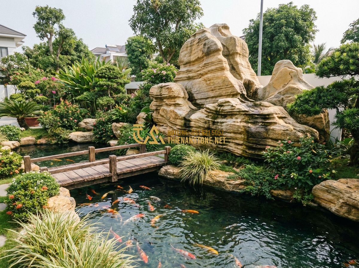 Tiểu Cảnh Bể Cá Sân Vườn & Mini - Thiết Kế Hồ Cá Koi, Thủy Sinh Đẹp - Tạo ảnh tiếng Anh: A large outdoor garden koi pond with crystal clear water, sur