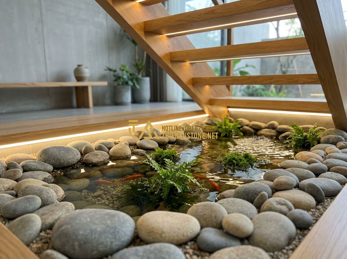 Tiểu Cảnh Bể Cá Sân Vườn & Mini - Thiết Kế Hồ Cá Koi, Thủy Sinh Đẹp - Tạo ảnh tiếng Anh: A stylish indoor mini fish pond located under a wooden stairc