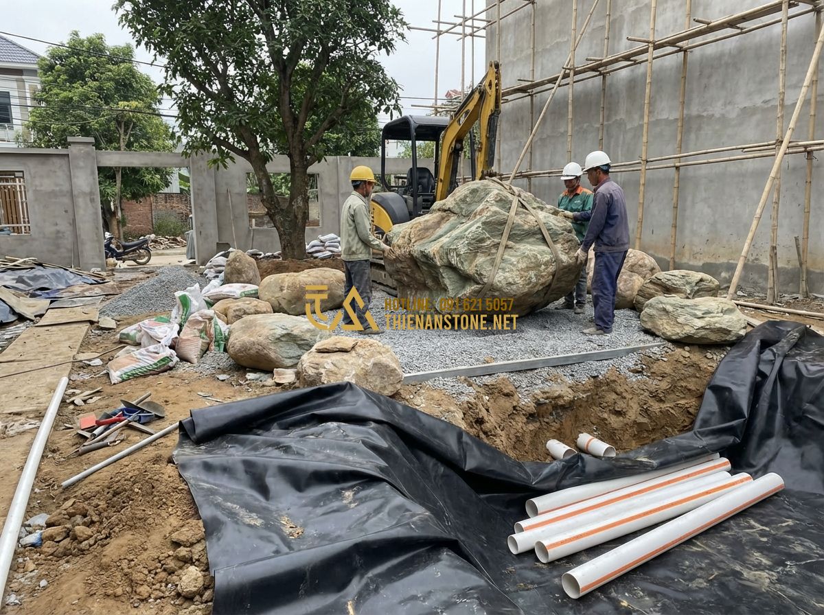 Tiểu Cảnh Bể Cá Sân Vườn & Mini - Thiết Kế Hồ Cá Koi, Thủy Sinh Đẹp - Tạo ảnh tiếng Anh: A construction scene of a garden fish pond, workers carefully