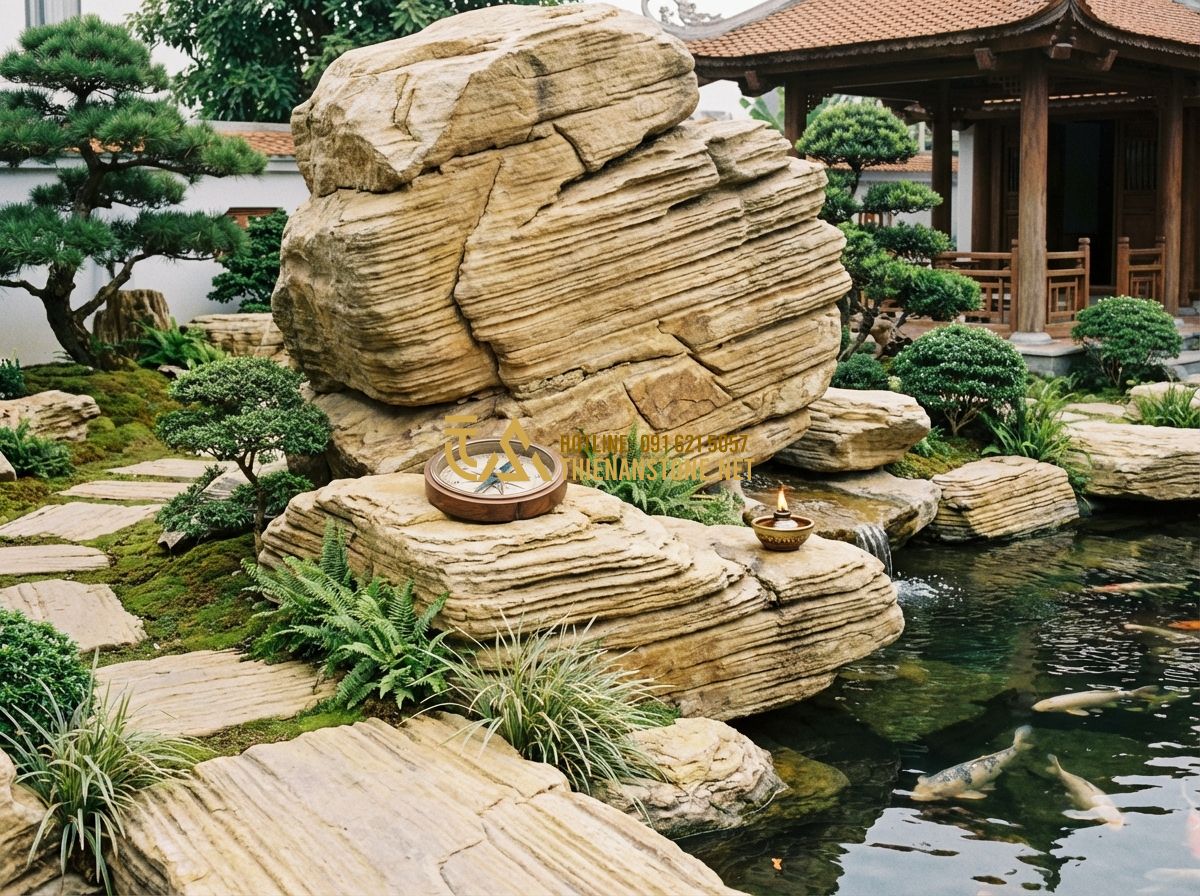 Tiểu Cảnh Bể Cá Sân Vườn & Mini - Thiết Kế Hồ Cá Koi, Thủy Sinh Đẹp - Tạo ảnh tiếng Anh: A conceptual illustration of a Zen-inspired fish pond with tr