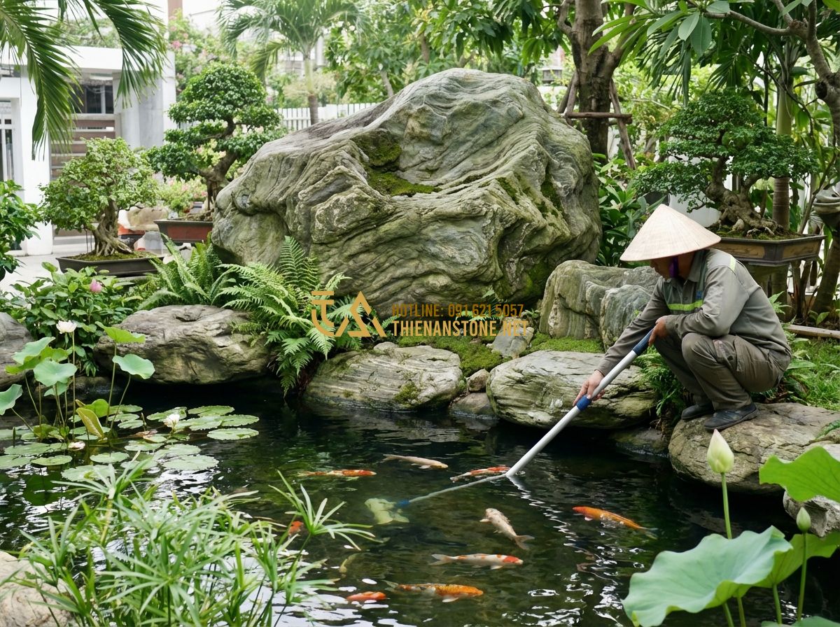 Tiểu Cảnh Bể Cá Sân Vườn & Mini - Thiết Kế Hồ Cá Koi, Thủy Sinh Đẹp - Tạo ảnh tiếng Anh: A person gently cleaning a koi pond with a professional pond