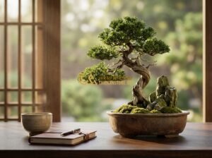 Tiểu Cảnh Bonsai Mini & Rừng Bonsai Đẹp Để Bàn Làm Việc - Tạo ảnh tiếng Anh: A sophisticated and peaceful desktop workspace featuring a hi