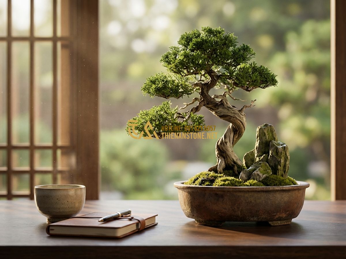 Tiểu Cảnh Bonsai Mini & Rừng Bonsai Đẹp Để Bàn Làm Việc - Hình 1 Tiểu Cảnh Bonsai Mini & Rừng Bonsai Đẹp Để Bàn Làm Việc - Tạo ảnh tiếng Anh: A sophisticated and peaceful desktop workspace featuring a hi
