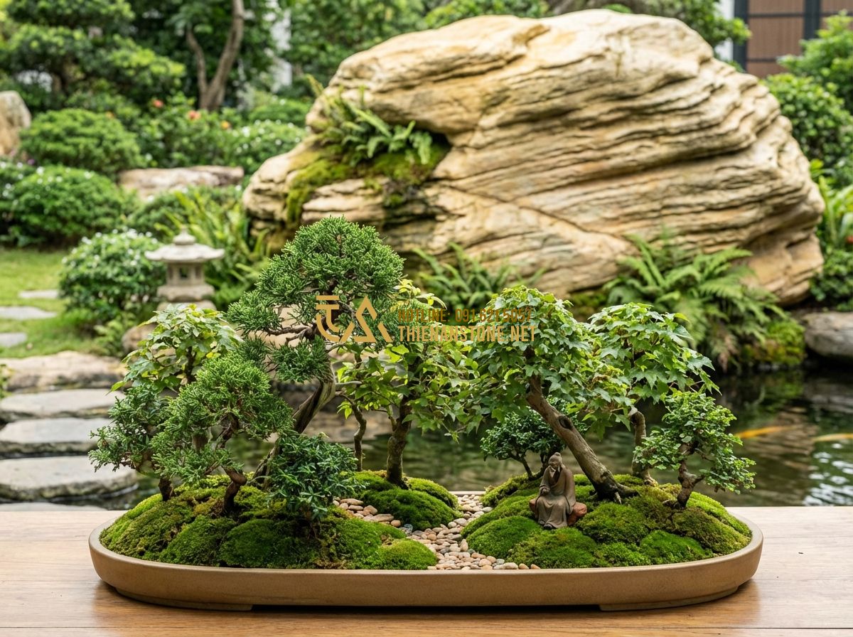 Tiểu Cảnh Bonsai Mini & Rừng Bonsai Đẹp Để Bàn Làm Việc - Hình 2 Tiểu Cảnh Bonsai Mini & Rừng Bonsai Đẹp Để Bàn Làm Việc - Tạo ảnh tiếng Anh: A breathtaking forest-style bonsai arrangement (Yose-ue) in a