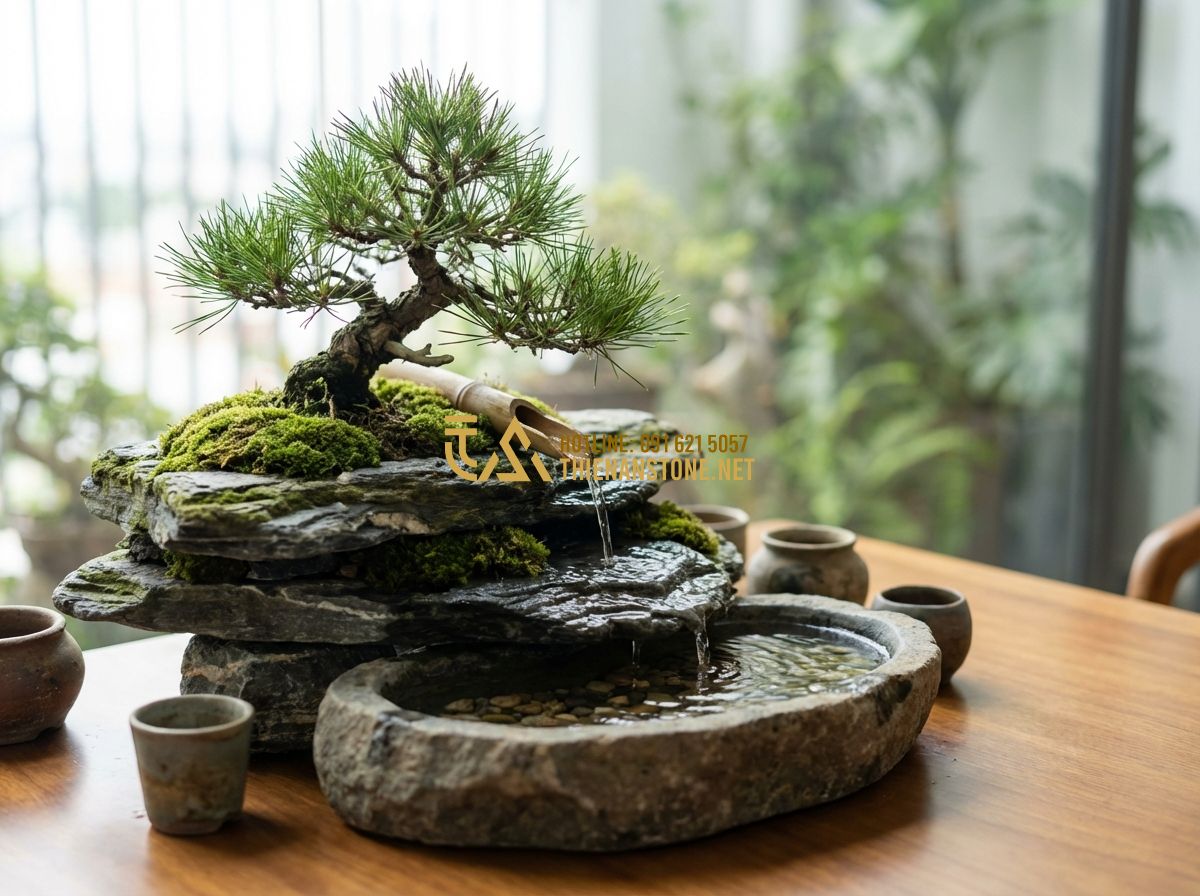 Tiểu Cảnh Bonsai Mini & Rừng Bonsai Đẹp Để Bàn Làm Việc - Hình 3 Tiểu Cảnh Bonsai Mini & Rừng Bonsai Đẹp Để Bàn Làm Việc - Tạo ảnh tiếng Anh: A miniature bonsai landscape incorporating a small flowing wa