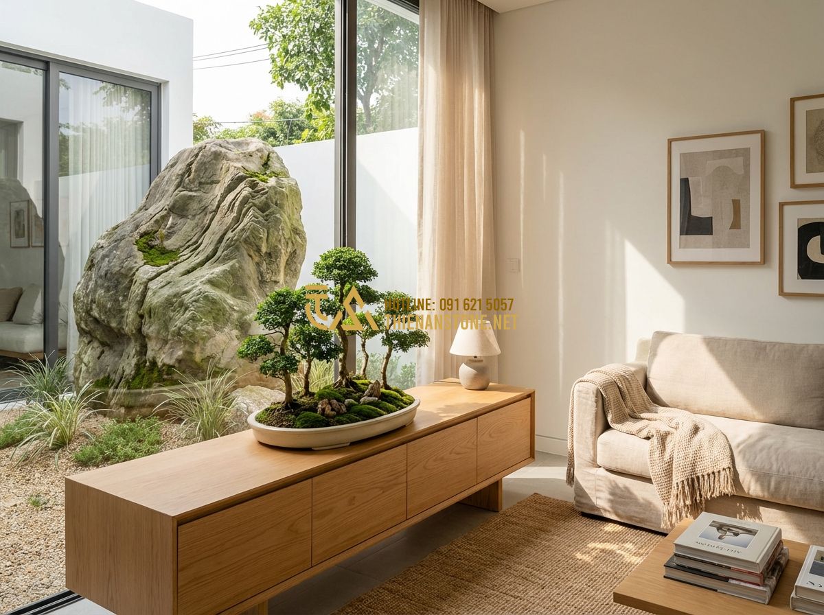Tiểu Cảnh Bonsai Mini & Rừng Bonsai Đẹp Để Bàn Làm Việc - Hình 4 Tiểu Cảnh Bonsai Mini & Rừng Bonsai Đẹp Để Bàn Làm Việc - Tạo ảnh tiếng Anh: A modern living room interior showcasing a beautiful bonsai d