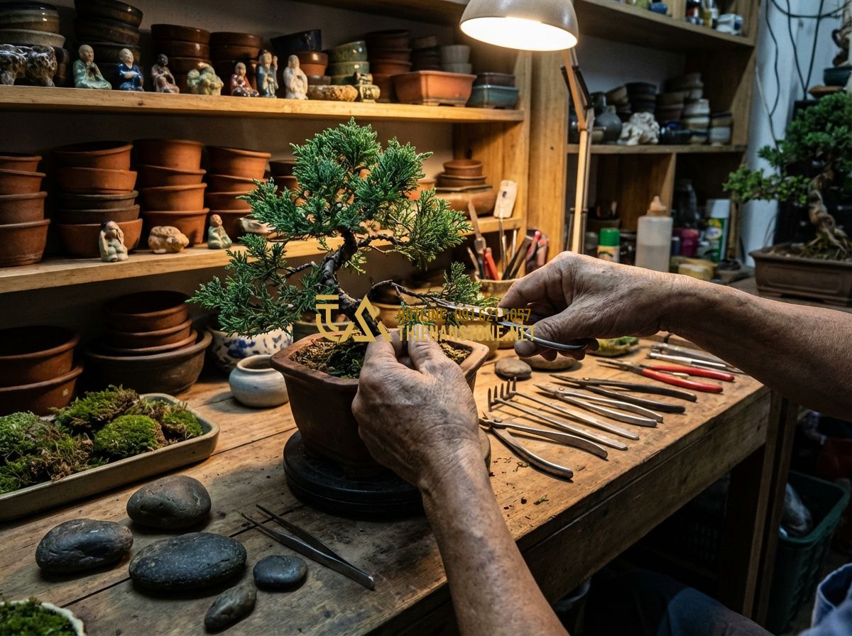 Tiểu Cảnh Bonsai Mini & Rừng Bonsai Đẹp Để Bàn Làm Việc - Hình 5 Tiểu Cảnh Bonsai Mini & Rừng Bonsai Đẹp Để Bàn Làm Việc - Tạo ảnh tiếng Anh: A skilled craftsman's hands carefully pruning a small bonsai