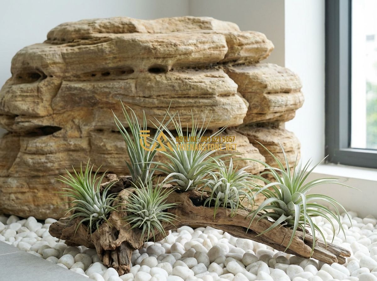 Tiểu Cảnh Cây Giả Và Cây Không Khí Trang Trí Trong Nhà - Tạo ảnh tiếng Anh: Close-up of Tillandsia air plants artistically arranged on na