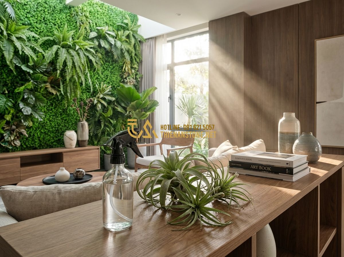 Tiểu Cảnh Cây Giả Và Cây Không Khí Trang Trí Trong Nhà - Tạo ảnh tiếng Anh: A person gently misting air plants in a modern living room wi