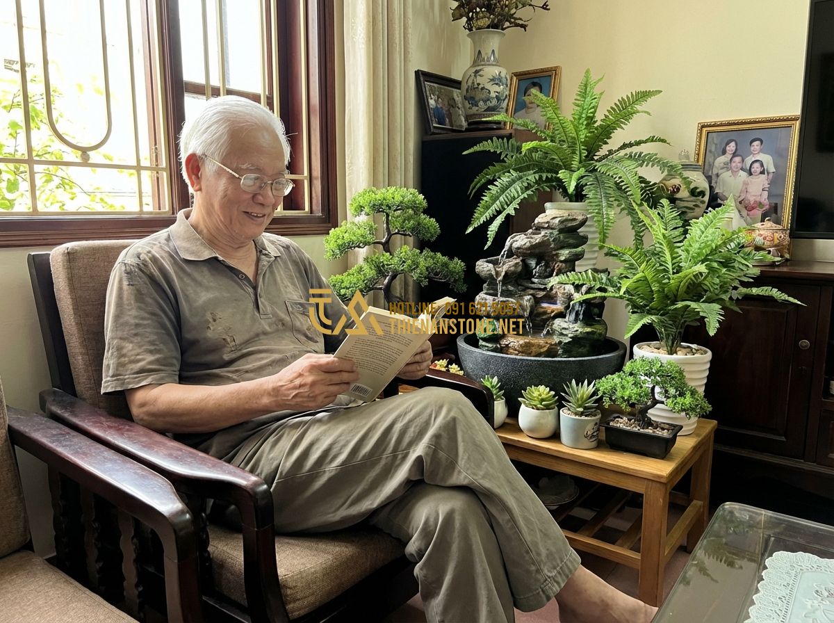 Tiểu Cảnh Cây Giả Và Cây Không Khí Trang Trí Trong Nhà - Tạo ảnh tiếng Anh: An elderly man sitting comfortably in a wooden chair next to