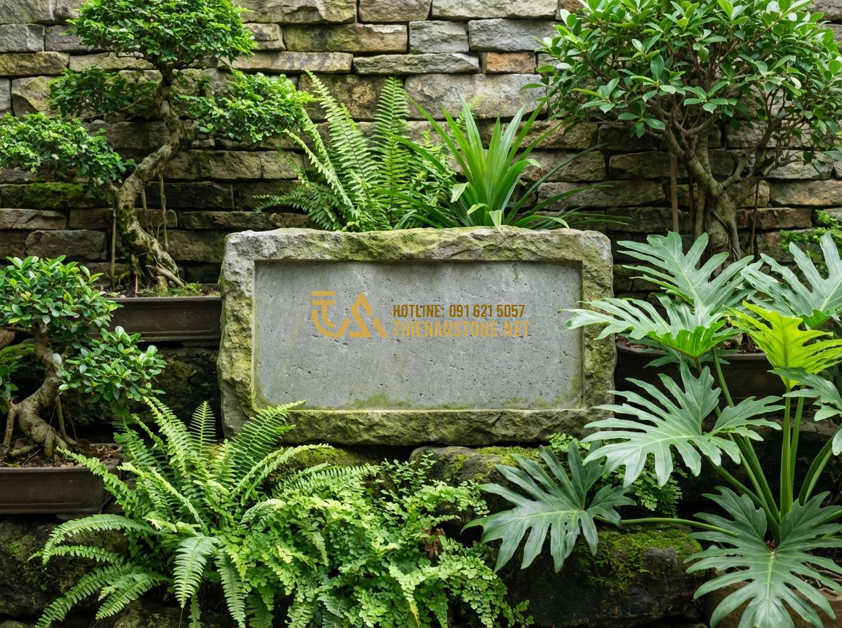 Tiểu Cảnh Cây Giả Và Cây Không Khí Trang Trí Trong Nhà - Tạo ảnh tiếng Anh: Artistic logo or sign for "Thien An Stone Craft Workshop" set
