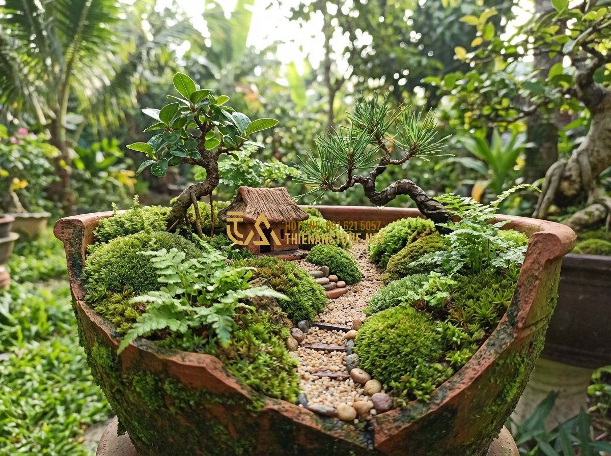 Tiểu Cảnh Chum Vỡ & Chum Nước Đẹp - Ý Tưởng Trang Trí Sân Vườn - Tạo ảnh tiếng Anh: A detailed miniature landscape inside a broken clay pot, feat