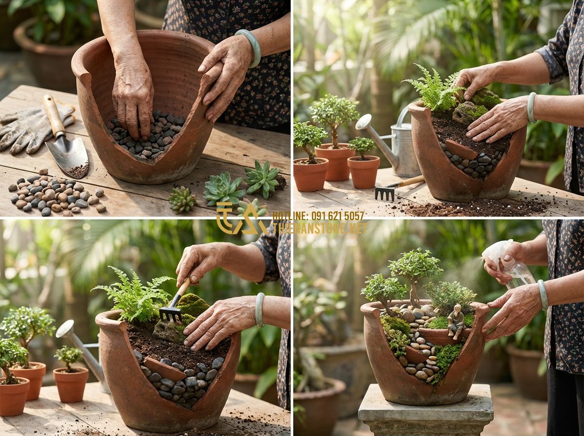 Tiểu Cảnh Chum Vỡ & Chum Nước Đẹp - Ý Tưởng Trang Trí Sân Vườn - Tạo ảnh tiếng Anh: A step-by-step DIY demonstration of creating a broken jar lan
