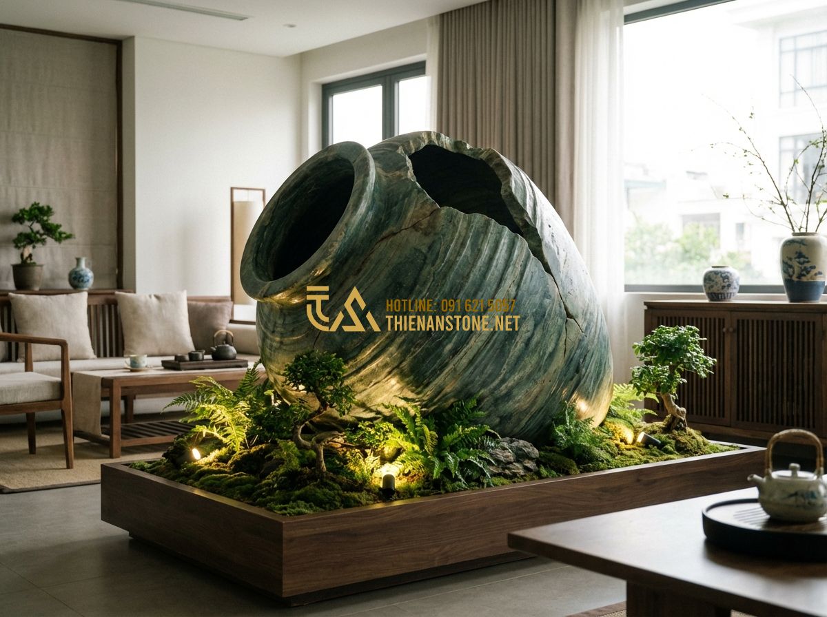 Tiểu Cảnh Chum Vỡ & Chum Nước Đẹp - Ý Tưởng Trang Trí Sân Vườn - Tạo ảnh tiếng Anh: An elegant living room interior featuring a small broken jar