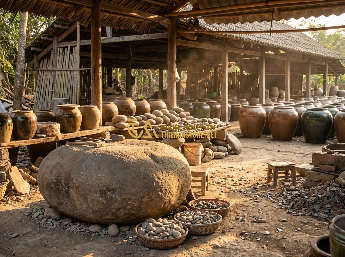 Tiểu Cảnh Chum Vỡ & Chum Nước Đẹp - Ý Tưởng Trang Trí Sân Vườn - Tạo ảnh tiếng Anh: A traditional stone and ceramic workshop in Phu Thọ, Vietnam,