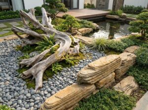 Tiểu Cảnh Gỗ Lũa Và Đá Cuội Sân Vườn Đẹp Theo Phong Thủy - Tạo ảnh tiếng Anh: A high-end garden landscape featuring a large, twisted natura