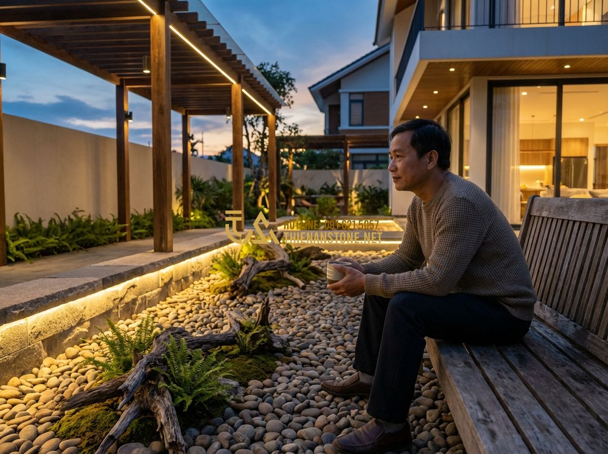 Tiểu Cảnh Gỗ Lũa Và Đá Cuội Sân Vườn Đẹp Theo Phong Thủy - Hình 3 Tiểu Cảnh Gỗ Lũa Và Đá Cuội Sân Vườn Đẹp Theo Phong Thủy - Tạo ảnh tiếng Anh: An emotional scene of a middle-aged Asian man sitting on a wo