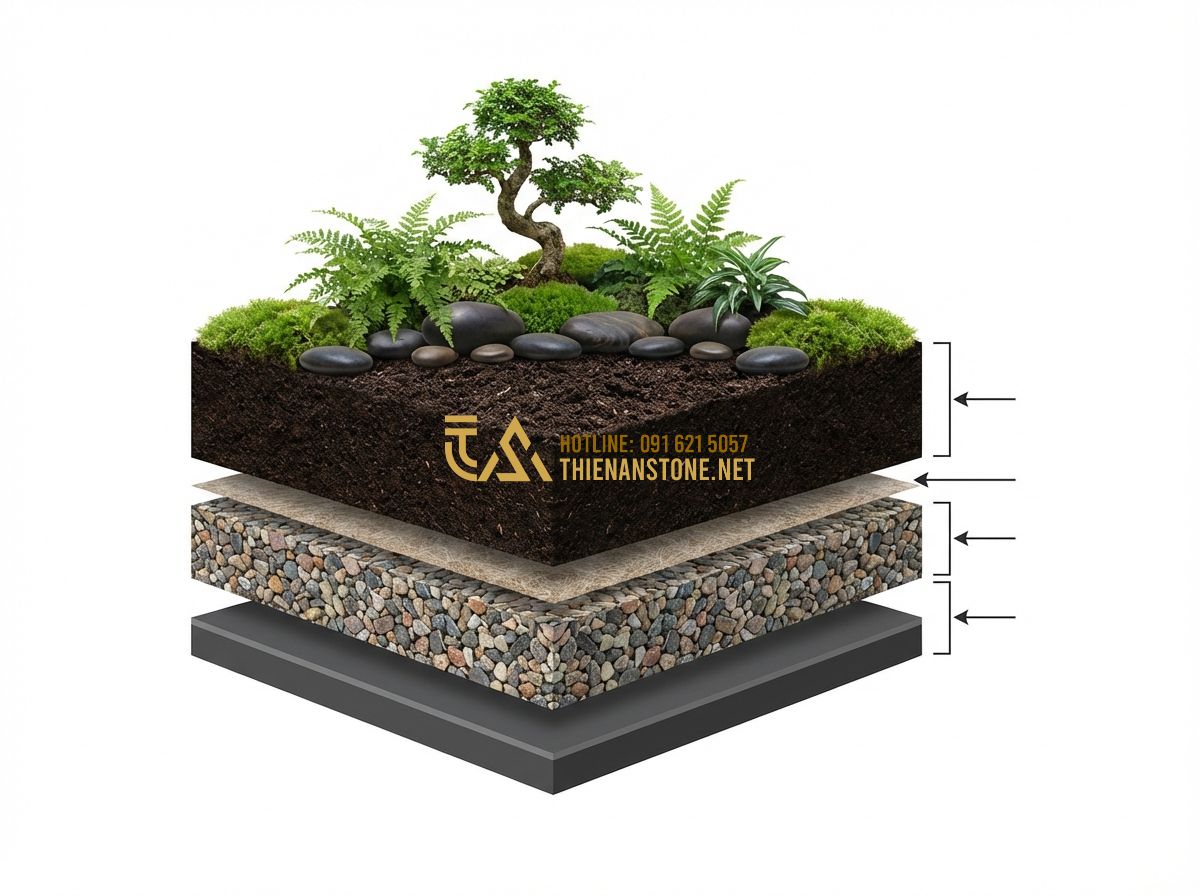 Tiểu Cảnh Góc Sân Vườn Mini Đẹp Nhất 2025 - Hình 4 Tiểu Cảnh Góc Sân Vườn Mini Đẹp Nhất 2025 - Tạo ảnh tiếng Anh: An educational diagram showing the cross-section of a mini ga