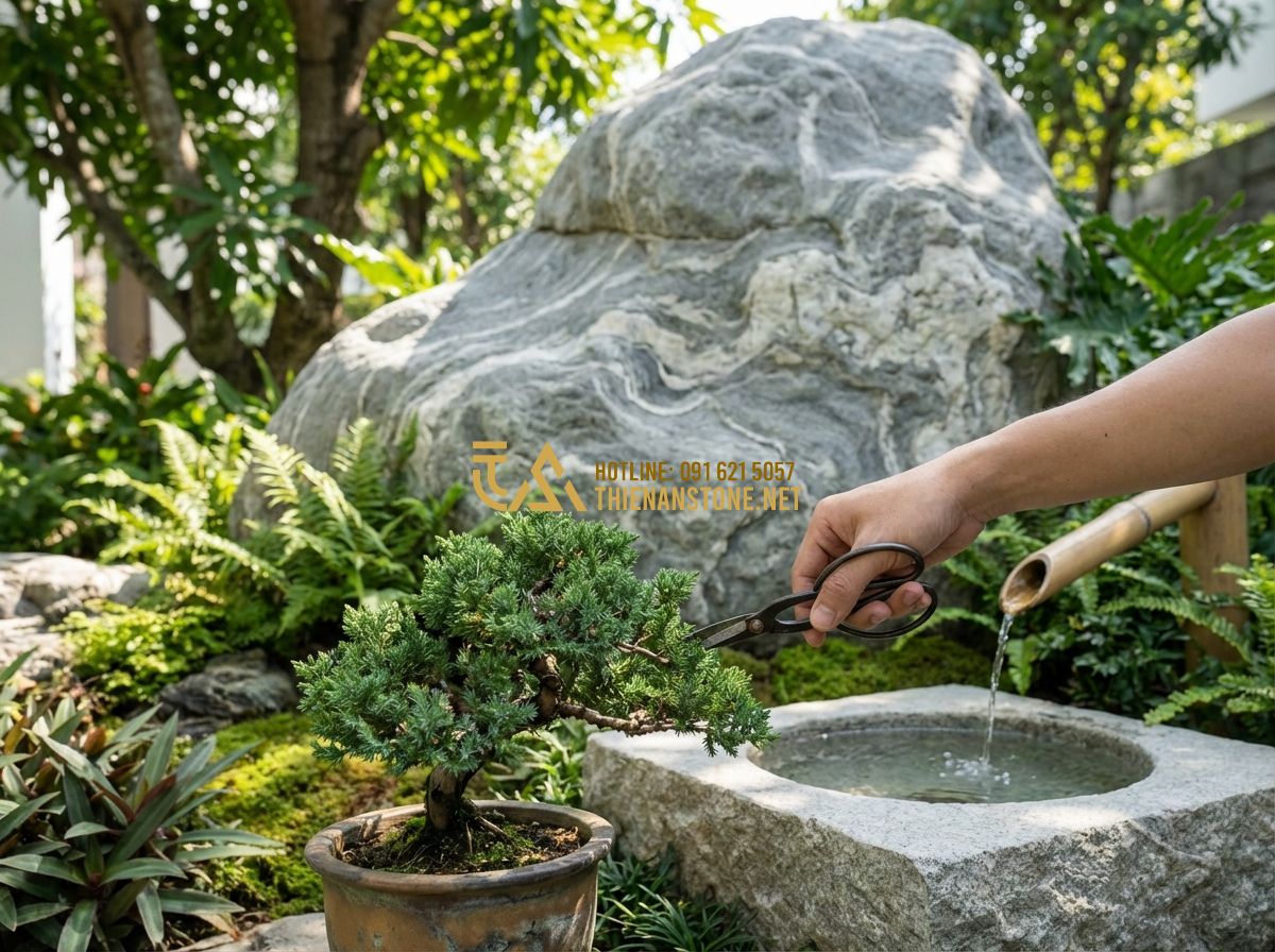 Tiểu Cảnh Góc Sân Vườn Mini Đẹp Nhất 2025 - Hình 7 Tiểu Cảnh Góc Sân Vườn Mini Đẹp Nhất 2025 - Tạo ảnh tiếng Anh: A person's hand using small gardening shears to carefully tri