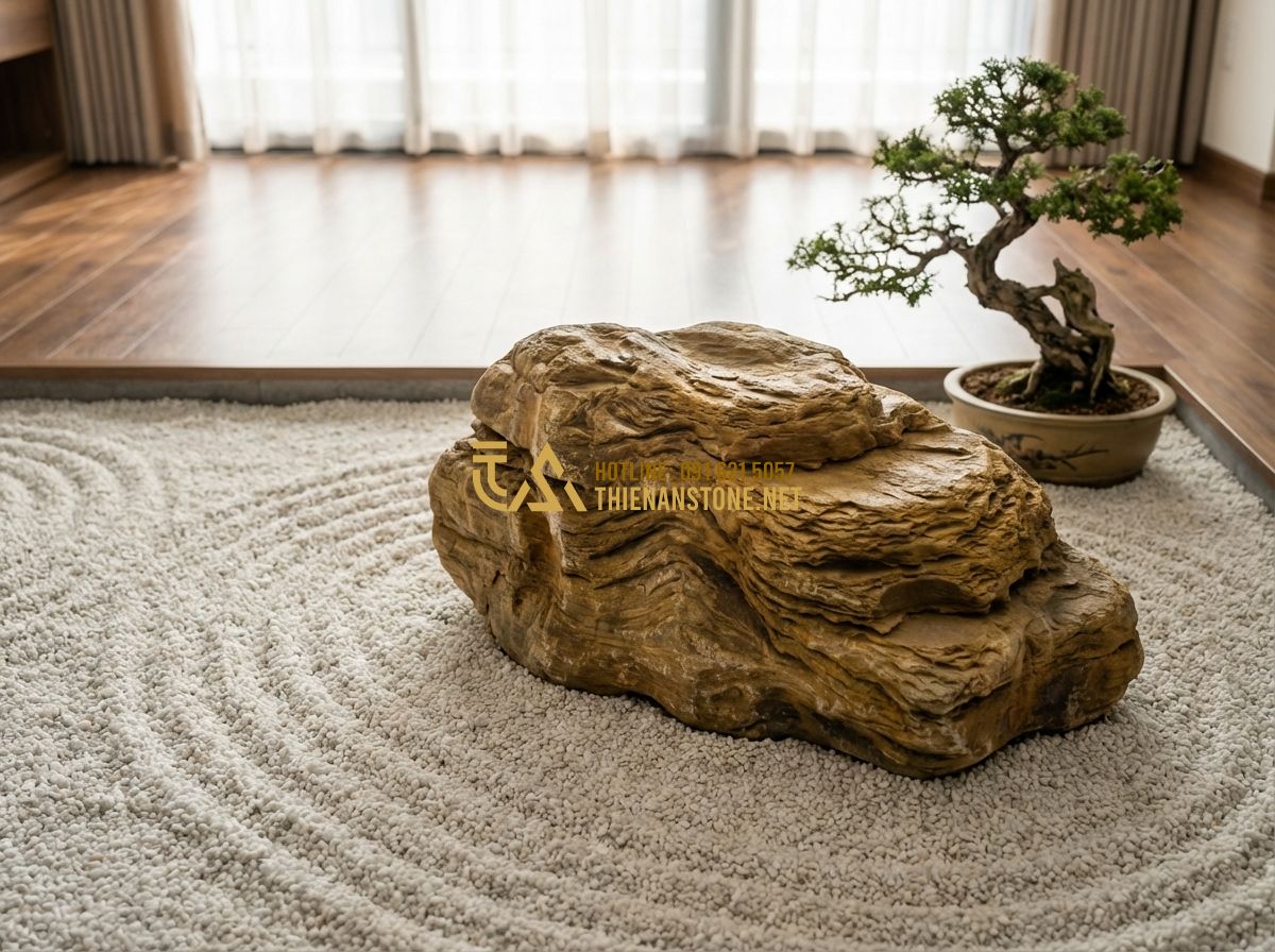 Tiểu Cảnh Phòng Khách Đẹp - Ý Tưởng Trang Trí Góc Nhà Hiện Đại - Hình 2 Tiểu Cảnh Phòng Khách Đẹp - Ý Tưởng Trang Trí Góc Nhà Hiện Đại - Tạo ảnh tiếng Anh: A detailed close-up of a Japanese-inspired Zen dry garden ins