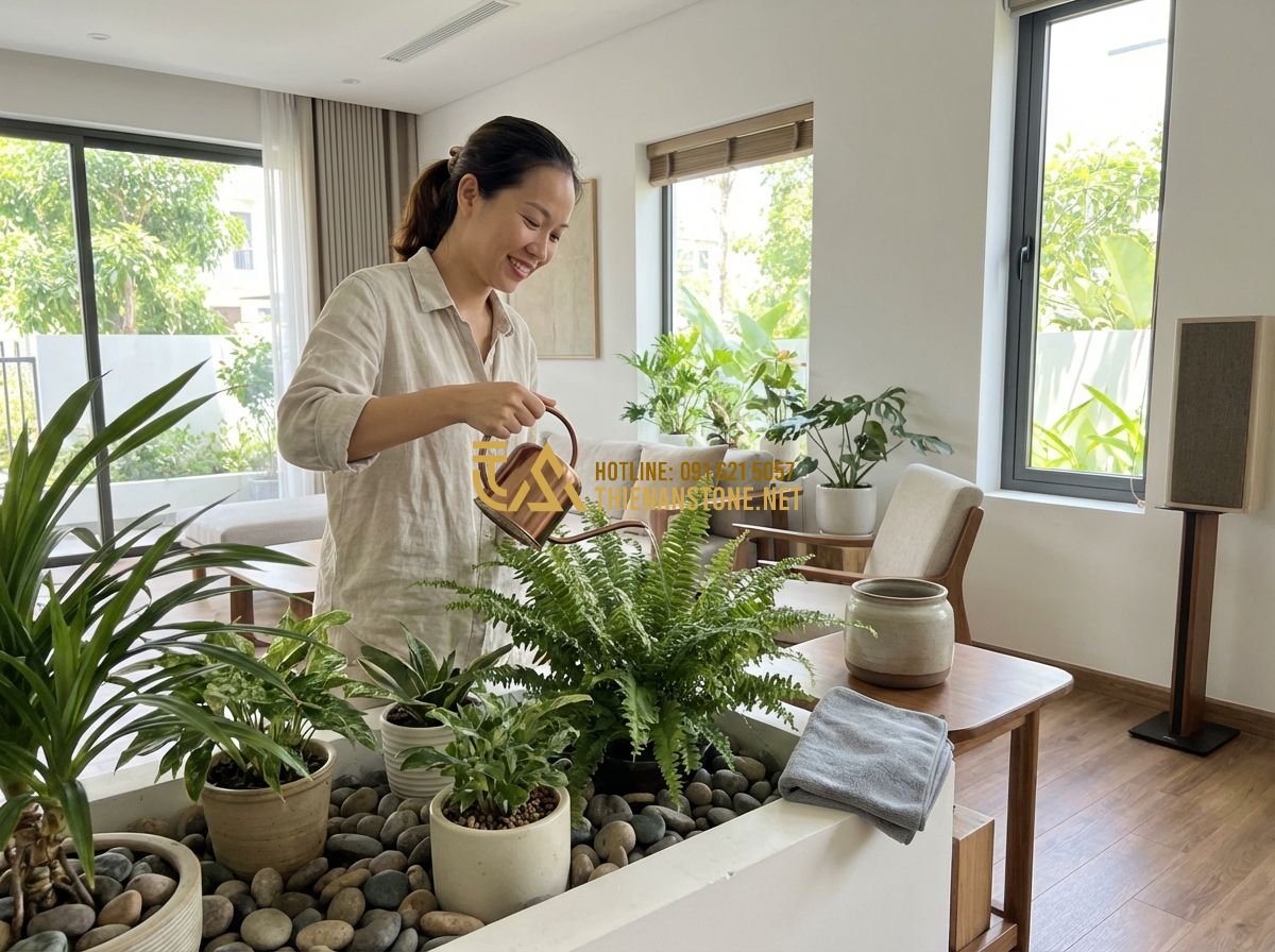 Tiểu Cảnh Phòng Khách Đẹp - Ý Tưởng Trang Trí Góc Nhà Hiện Đại - Hình 6 Tiểu Cảnh Phòng Khách Đẹp - Ý Tưởng Trang Trí Góc Nhà Hiện Đại - Tạo ảnh tiếng Anh: A woman happily caring for her indoor living room landscape.