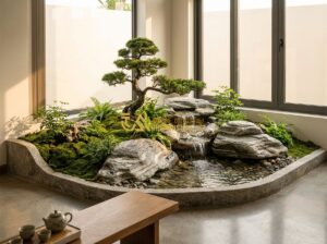 Tiểu Cảnh Phong Thủy Giúp Thu Hút Tài Lộc Cho Gia Chủ - Tạo ảnh tiếng Anh: A serene indoor feng shui landscape featuring a small stone w