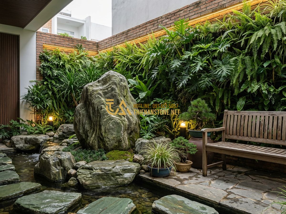 Tiểu Cảnh Sân Sau Nhà Ống Và Sân Sau Nhà Cấp 4 Đẹp - Tạo ảnh tiếng Anh: A cozy backyard landscape of a narrow townhouse with lush gre