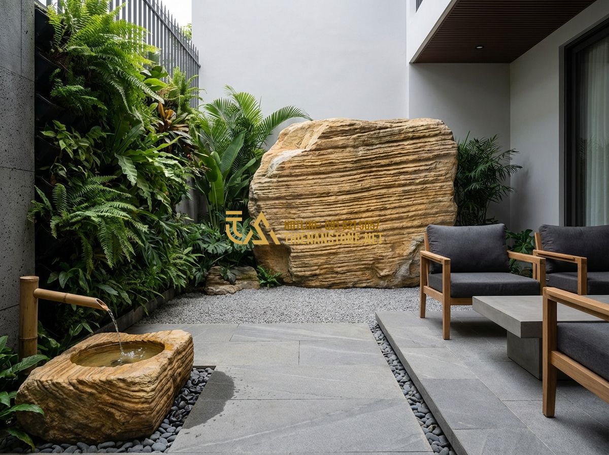Tiểu Cảnh Sân Sau Nhà Ống Và Sân Sau Nhà Cấp 4 Đẹp - Tạo ảnh tiếng Anh: A modern minimalist backyard for a tube house featuring a ver